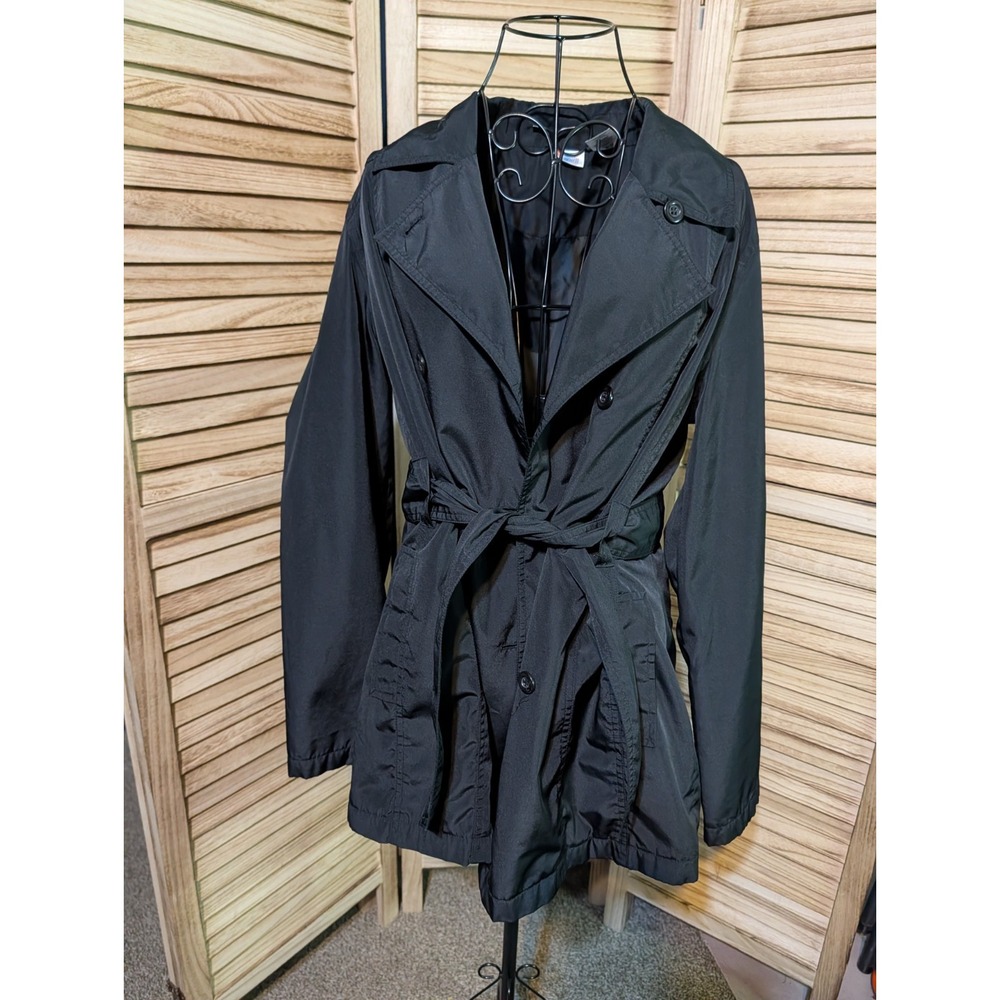 Bold Spirt Black Belted Trench Coat Lined Rain Jacket Women's Large